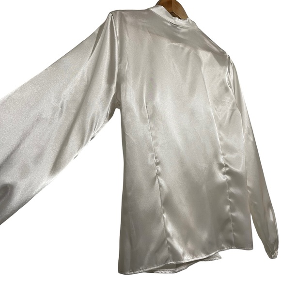 Calvin Klein Satin Surplice V-Neck Long Blouson Sleeve Cross White Blouse L - Picture 7 of 12